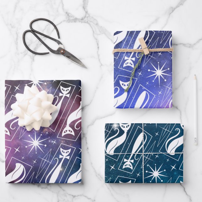 Retro Atomic Star Space Cat MidCentury Christmas Wrapping Paper Sheets (Front)