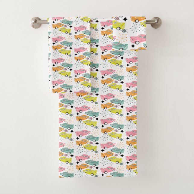 Retro Atomic Starburst Modern Mid Century Cars Bath Towel Set (Insitu)