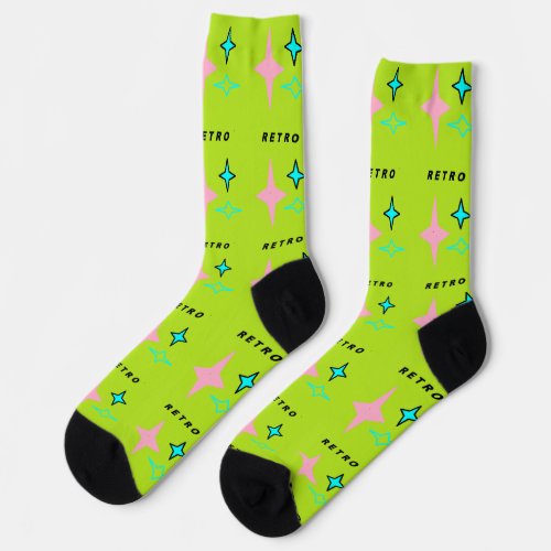 Retro Atomic Stars Lime Green Pink socks