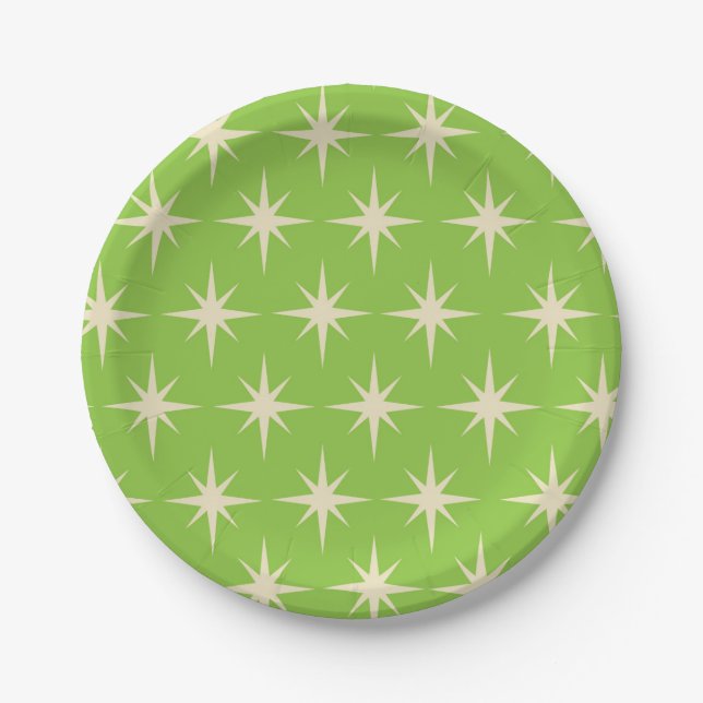 Retro Atomic stars pattern on lime green   Paper Plates (Front)