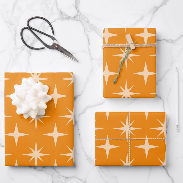Retro Atomic Stars Pattern on Orange  Wrapping Paper Sheets (Front)