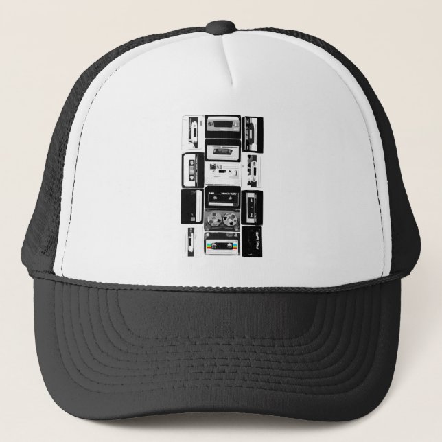 Retro audio cassette group b&w trucker hat (Front)