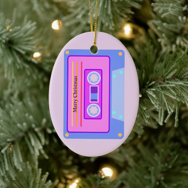 Retro Audio Cassette Pastel Pink Merry Christmas Ceramic Ornament (Tree)