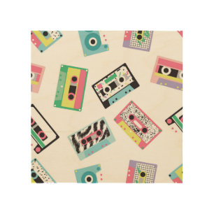 Retro Audio Tapes: 80s Seamless. Wood Wall Art