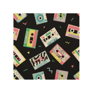 Retro audio tapes, 80s style pattern. wood wall art
