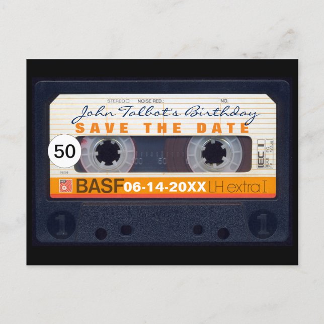 Retro Audiotape 50th birthday Save the date PostC Announcement Postcard (Front)