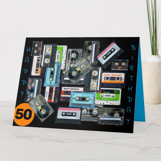 Retro Audiotape Cassette Mixtape name Birthday BIG Card (Front)