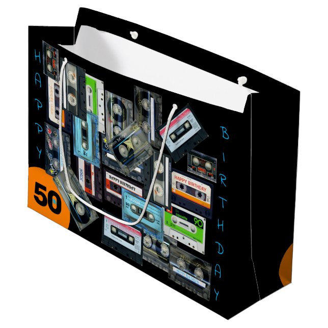Retro Audiotape Cassette Mixtape name Birthday LGB Large Gift Bag (Front Angled)