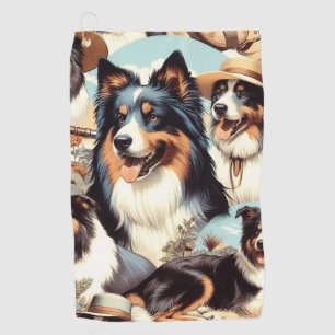 Retro Australian Shepherd Seamless Painting Golf Towel