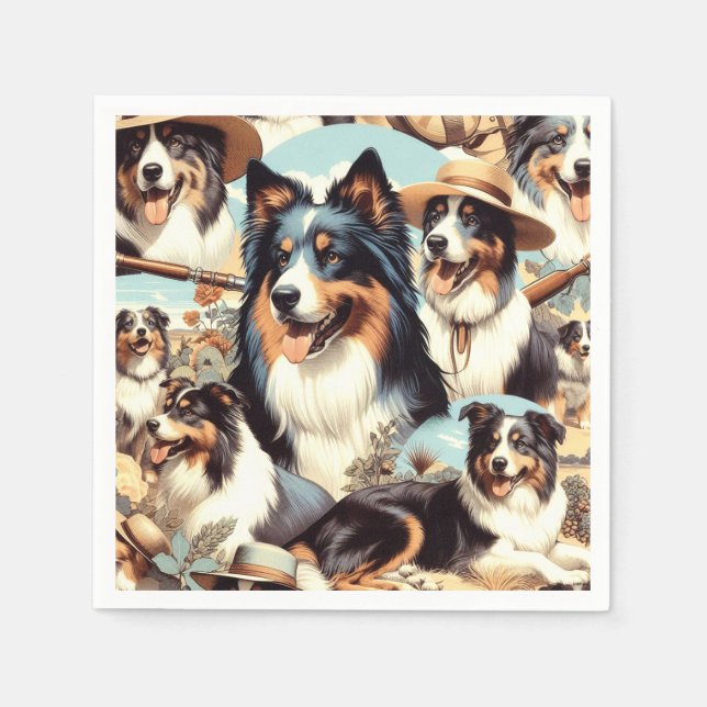 Retro Australian Shepherd Seamless Painting Napkins (Front)