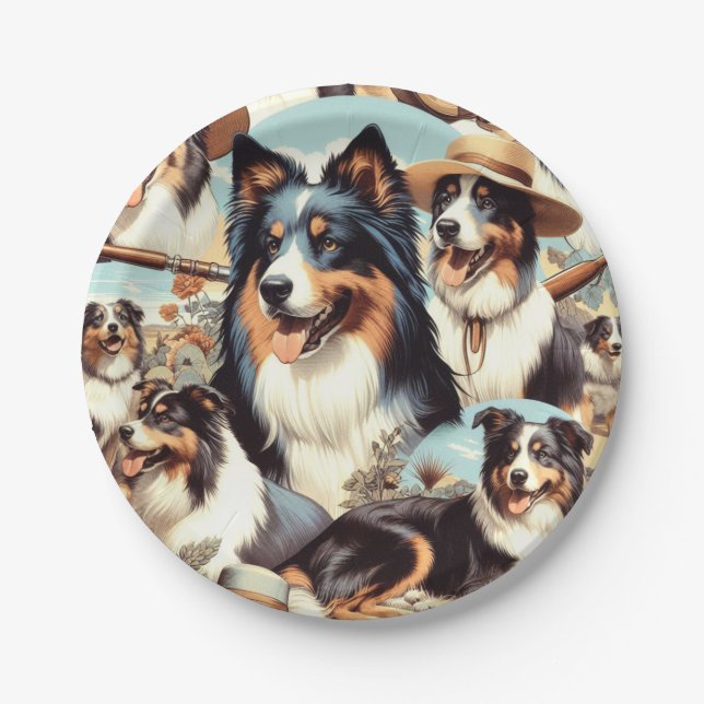 Retro Australian Shepherd Seamless Painting Paper Plates (Front)