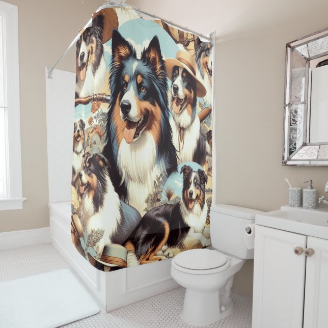 Retro Australian Shepherd Seamless Painting Shower Curtain (In Situ)