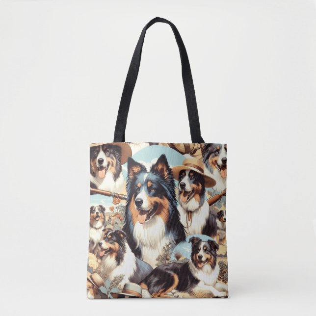 Retro Australian Shepherd Seamless Painting Tote Bag (Front)