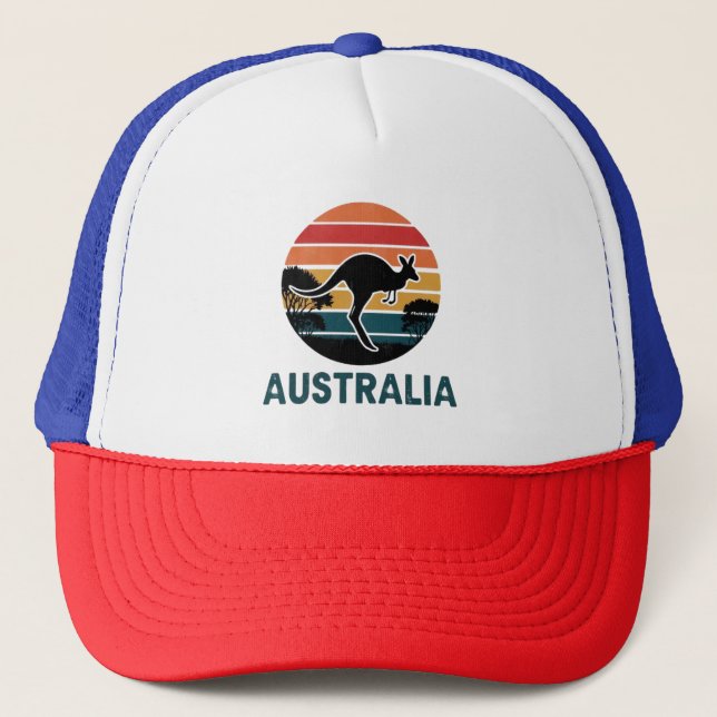 Retro Australian Sunset  Animal jumping Kangaroo Trucker Hat (Front)