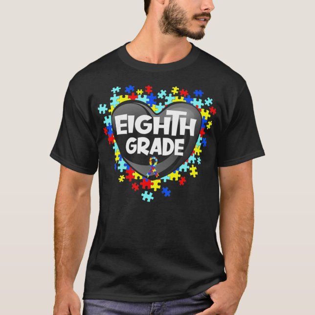 Retro Autism Awareness Heart Eighth Grade Support  T-Shirt (Front)