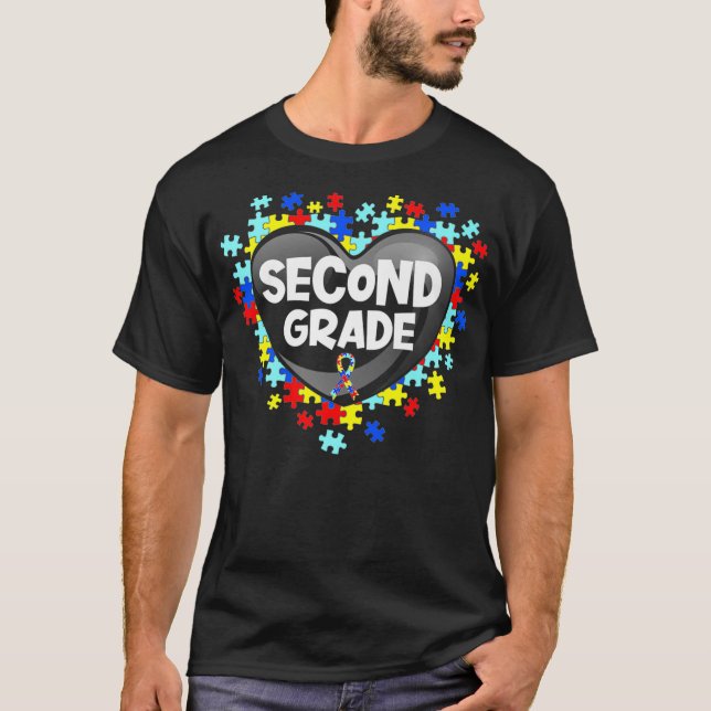 Retro Autism Awareness Heart Second Grade Support  T-Shirt (Front)