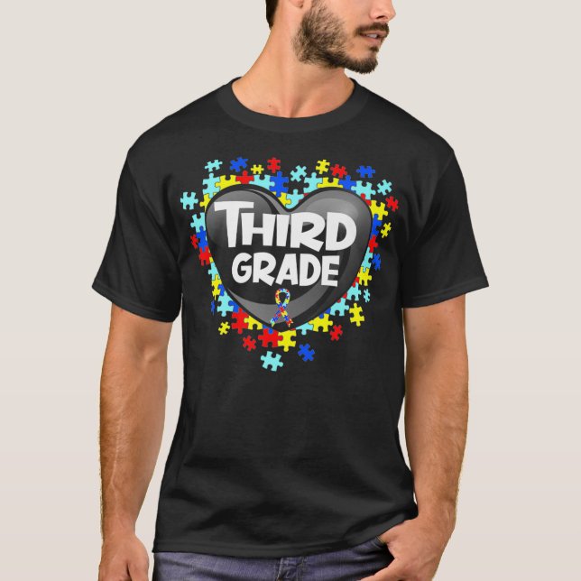 Retro Autism Awareness Heart Third Grade Support P T-Shirt (Front)
