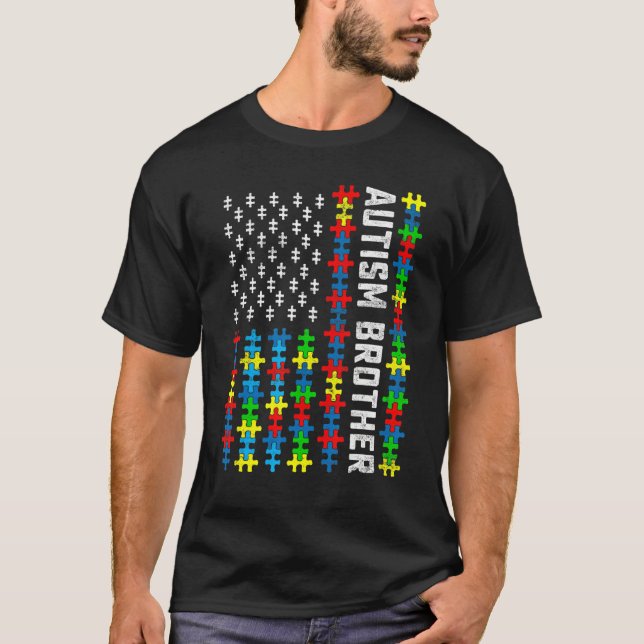 Retro Autism Awareness Usa Flag Brother Support Au T-Shirt (Front)