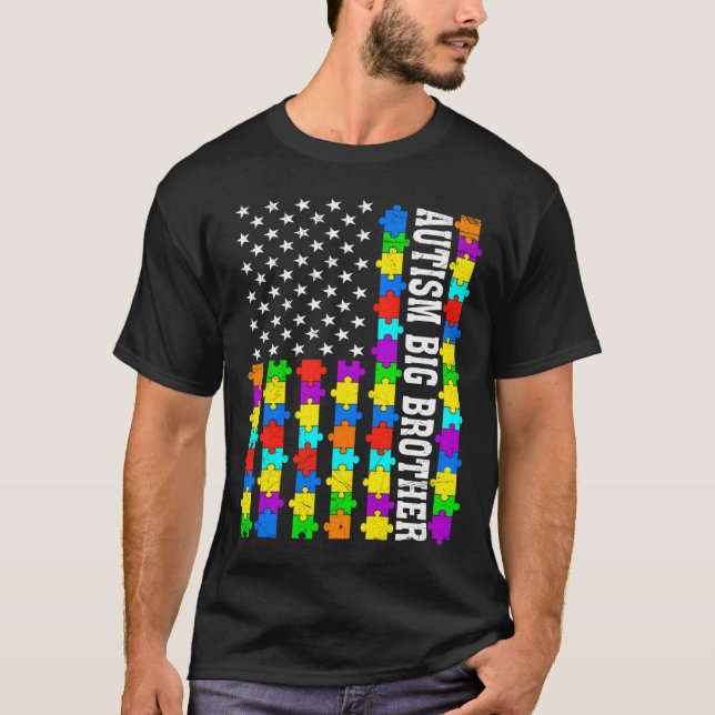 Retro Autism Big Brother American Flag Love Autism T-Shirt (Front)