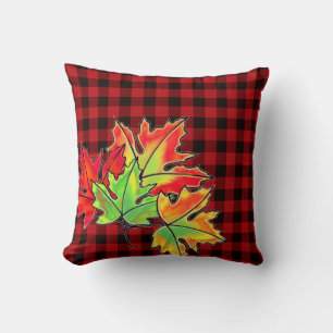 Retro Autumn Fall leaves red rustic black plaid Throw Pillow