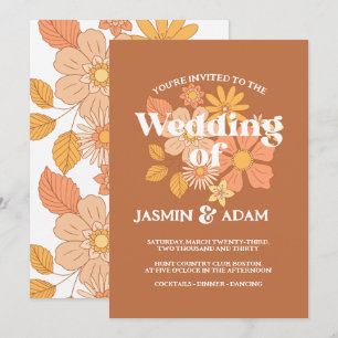 Retro Autumn Floral Terracotta Wedding Invitation