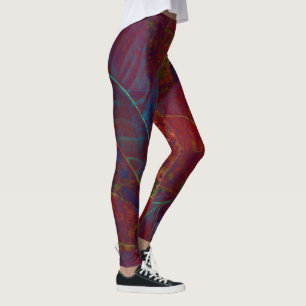 Retro Autumn Foliage Burgundy Leaves Metallic Leggings