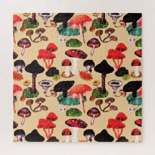 Retro Autumn Woodland Mushroom Watercolor Jigsaw Puzzle