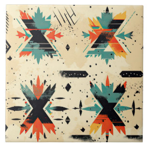 Retro Aztec pattern geometric abstract orange Ceramic Tile