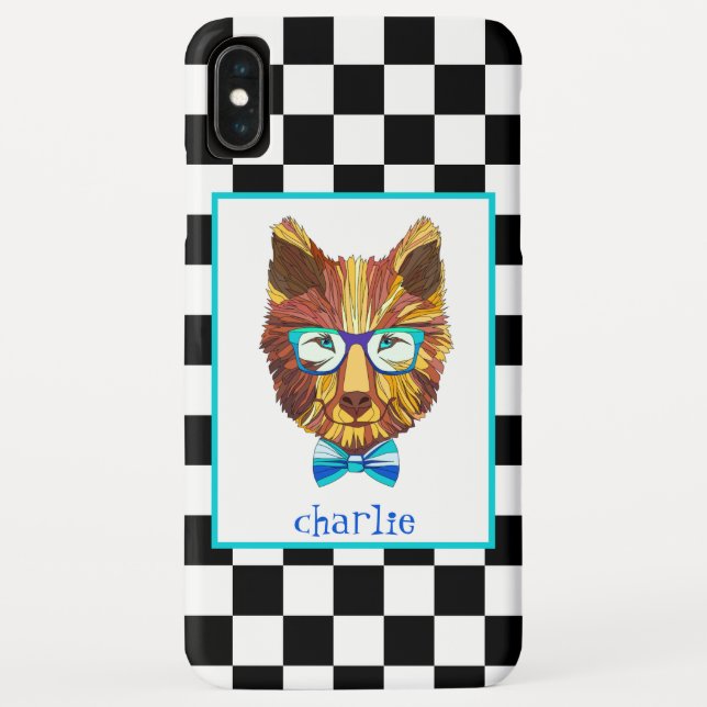 Retro B&W Checkerboard, Hipster Bear, Personalized Case-Mate iPhone Case (Back)