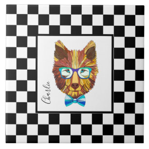 Retro B&W checkerboard, hipster bear, personalized Ceramic Tile