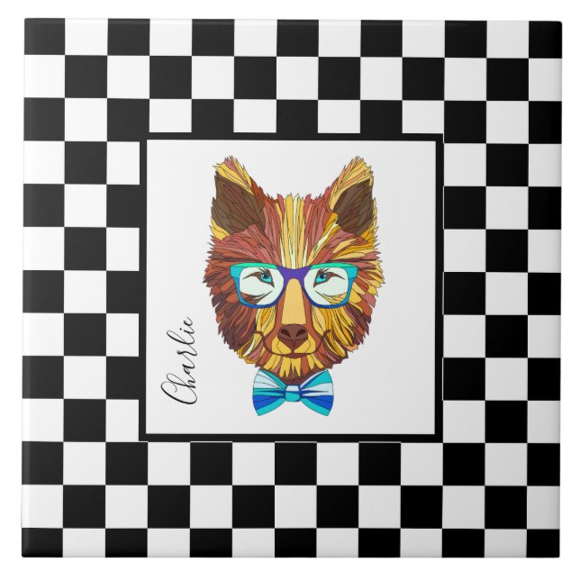 Retro B&W checkerboard, hipster bear, personalized Ceramic Tile (Front)