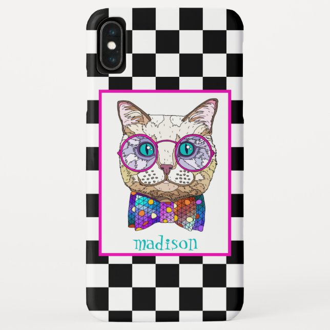 Retro B&W Checkerboard, Hipster Cat, Personalized Case-Mate iPhone Case (Back)
