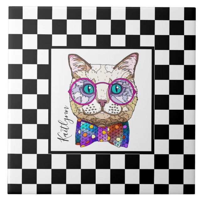 Retro B&W checkerboard, hipster cat, personalized Ceramic Tile (Front)