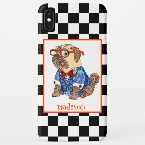 Retro BW Checkerboard Hipster Pug Personalized iPhone XS Max Case