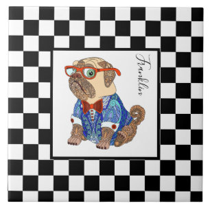 Retro B&W checkerboard, hipster pug, personalized Ceramic Tile