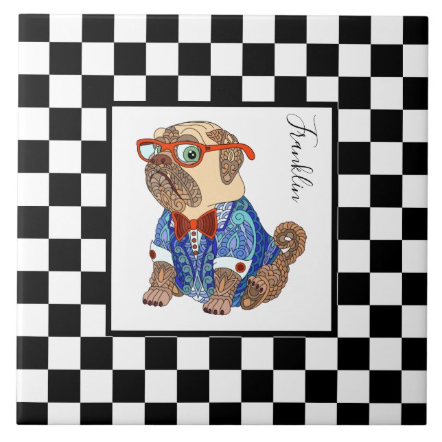 Retro B&W checkerboard, hipster pug, personalized Ceramic Tile (Front)