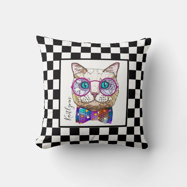 Retro B&W checkerboard w/ Hipster Cat & Name Throw Pillow (Front)