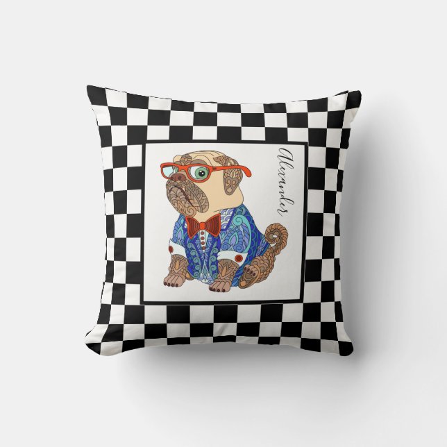 Retro B&W checkerboard w/ Hipster Pug & Name Throw Pillow (Front)