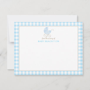 Retro Baby Boy Carriage Blue Gingham Note Cards