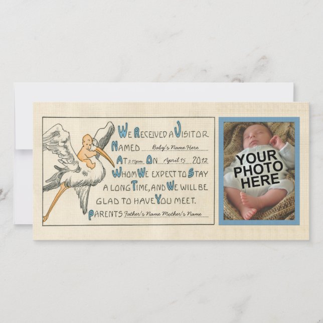 Retro Baby Boy & Stork Parents Birth Announcement (Front)