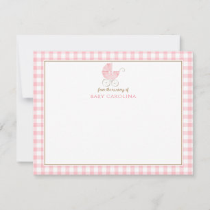 Retro Baby Girl Carriage Pink Gingham Note Cards