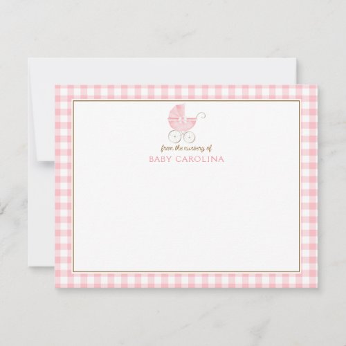 Retro Baby Girl Carriage Pink Gingham Note Cards
