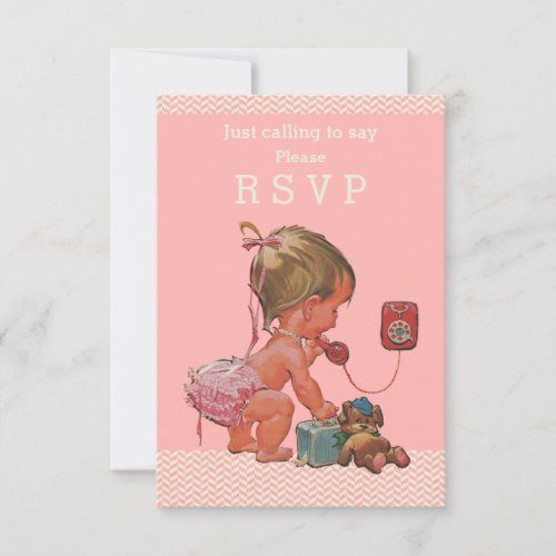 Retro Baby Girl on Phone Baby Shower RSVP