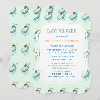 Retro Baby Mint Green Blue Coral Baby Buggy Shower Invitation