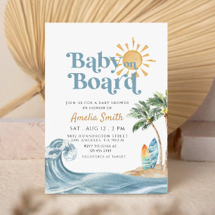 Retro Baby on Board Surfboard Beach baby shower Invitation