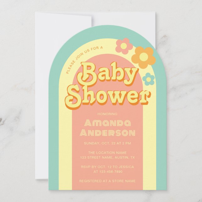 Retro Baby Shower Groovy Arch Rainbow 70s Flowers Invitation (Front)