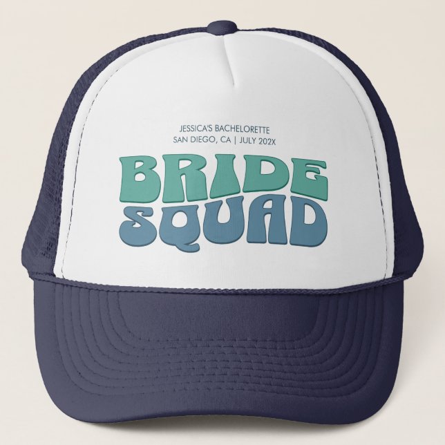Retro Bachelorette Party Bride Squad Bridesmaid Trucker Hat (Front)