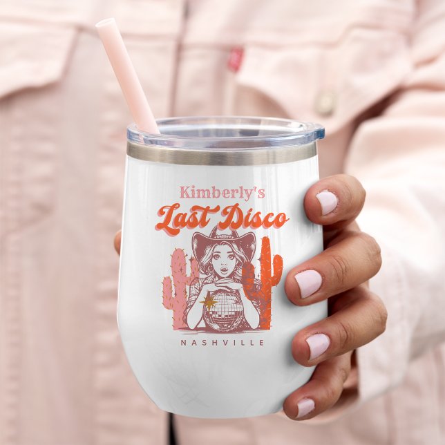 Retro Bachelorette Party Last Disco Pink Cowgirl  Thermal Wine Tumbler (Creator Uploaded)