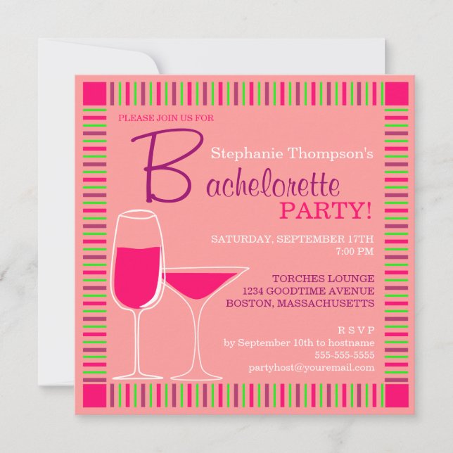 Retro Bachelorette Party Pink Cocktails Invitation (Front)