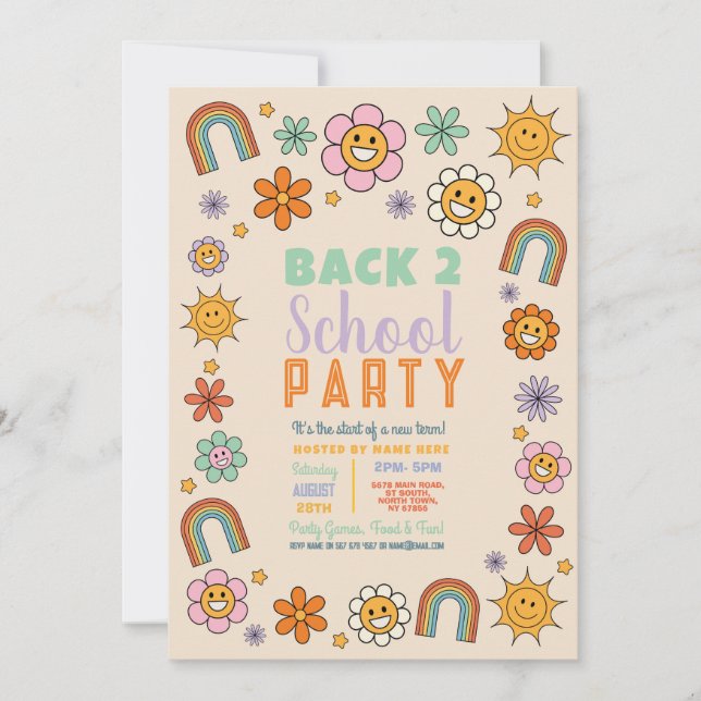 Retro Back To School Bus Party Flower 70s Invitation (Front)